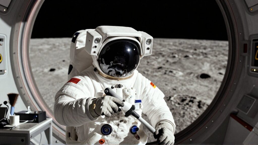 Un astronauta limpia el polvo lunar de su traje blanco dentro de un módulo habitacional.