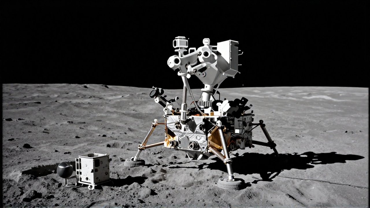 Un módulo de aterrizaje robótico recolecta muestras de suelo en el paisaje lunar gris y desértico.