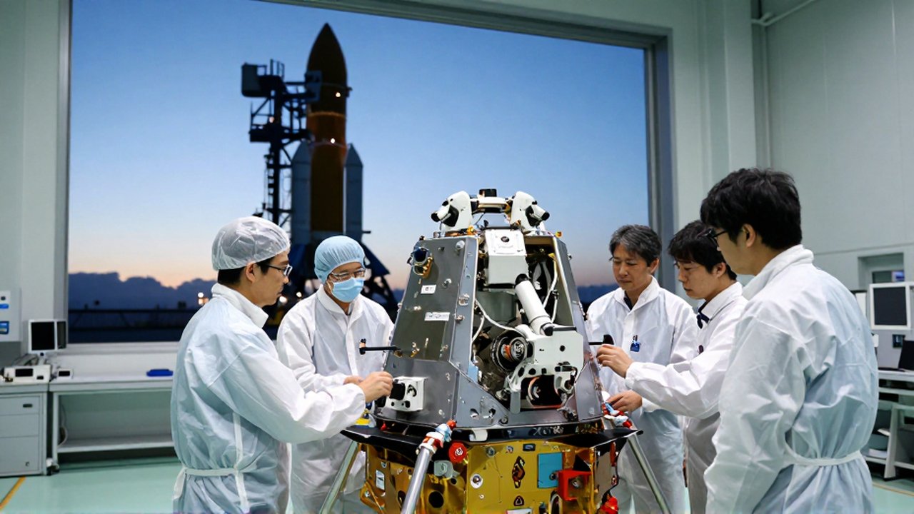 Ingenieros japoneses inspeccionan un prototipo de cápsula espacial en un laboratorio de alta tecnología.