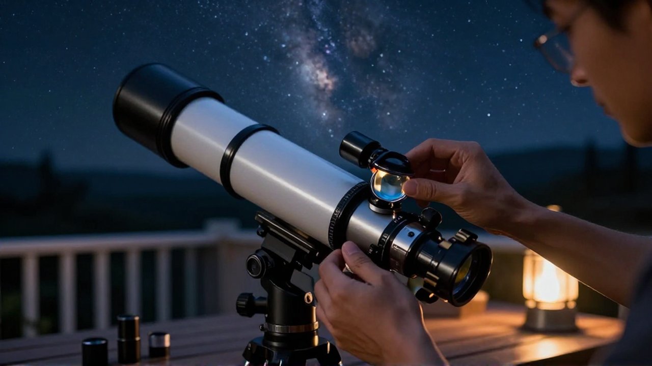 Manos de un astrónomo ensamblando una lente Barlow en un telescopio bajo un cielo estrellado.