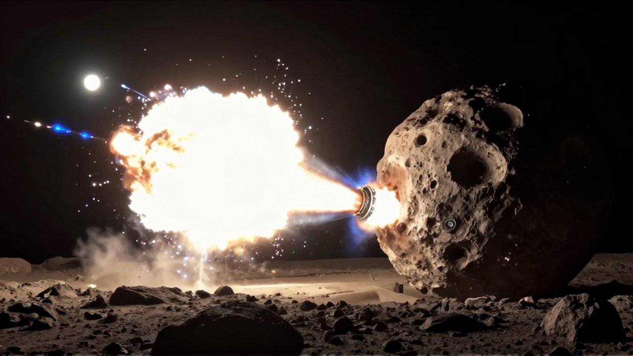 Una explosión nuclear brillante impacta la superficie de un asteroide rocoso en el espacio profundo.