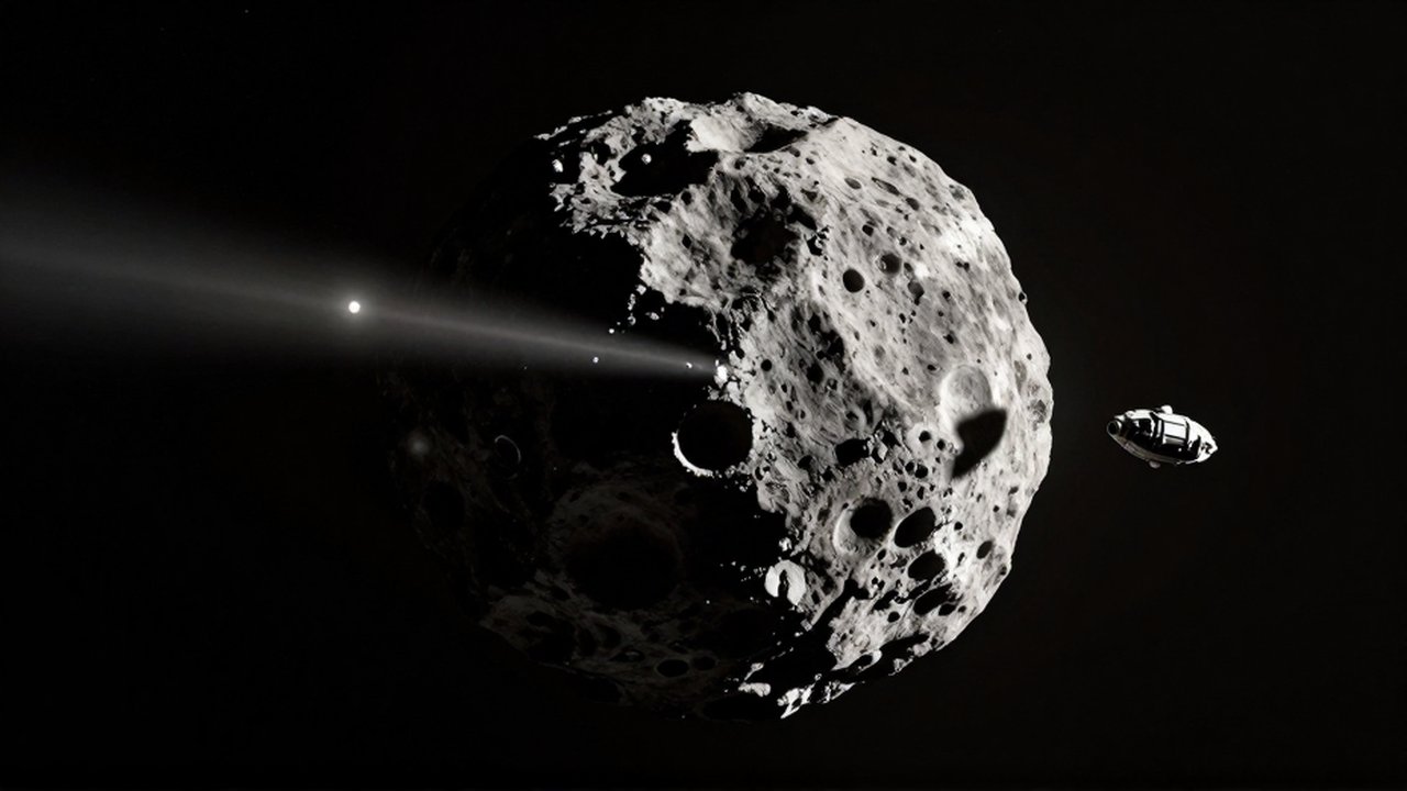 Una nave espacial de alta tecnología se dirige hacia un enorme asteroide con cráteres en el espacio profundo.