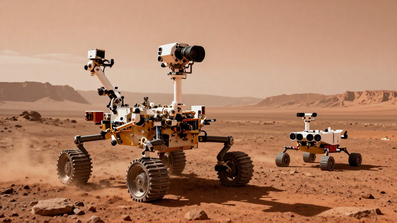 Un rover robótico de alta tecnología perfora un terreno rocoso en un paisaje extraterrestre anaranjado.