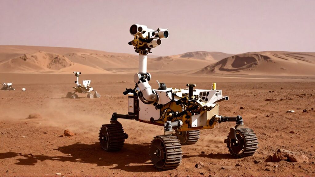 Un rover tecnológico con brazos robóticos sobre el terreno rojizo y polvoriento de Marte.