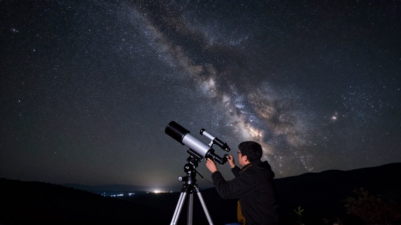 Un astrónomo ajusta un telescopio bajo un cielo nocturno despejado y la Vía Láctea.