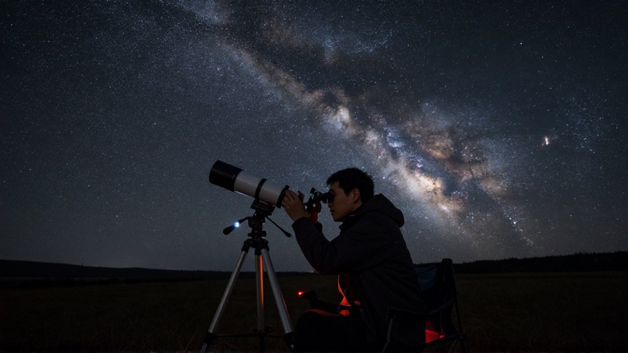 Un astrónomo ajusta su telescopio bajo un cielo nocturno despejado dominado por la Vía Láctea.