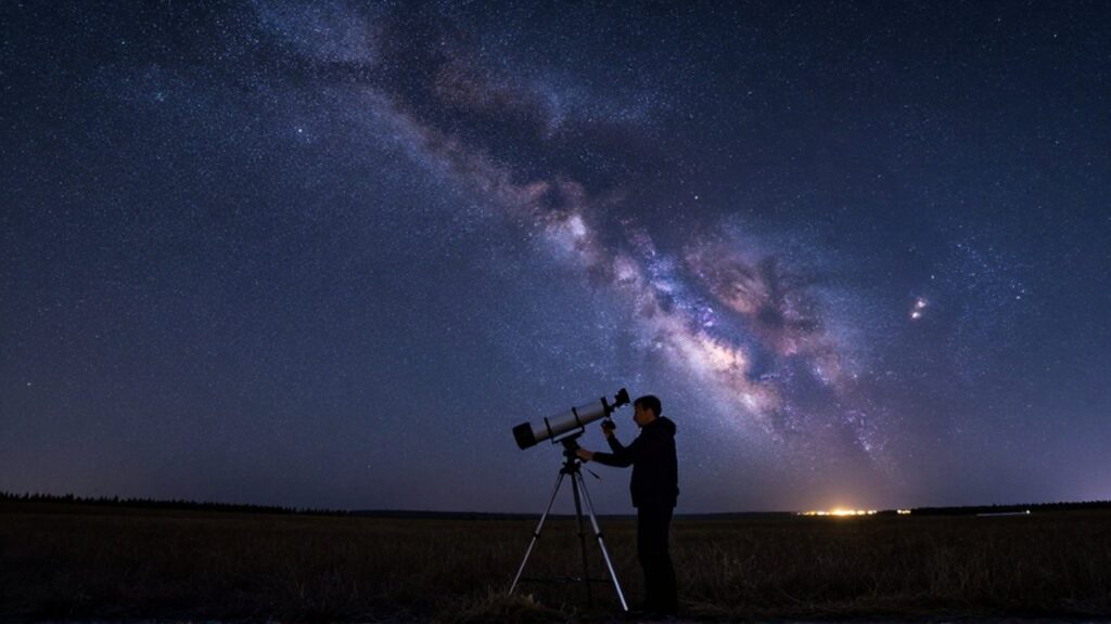 Un astrónomo ajusta un telescopio bajo la inmensidad de la Vía Láctea en un prado nocturno.