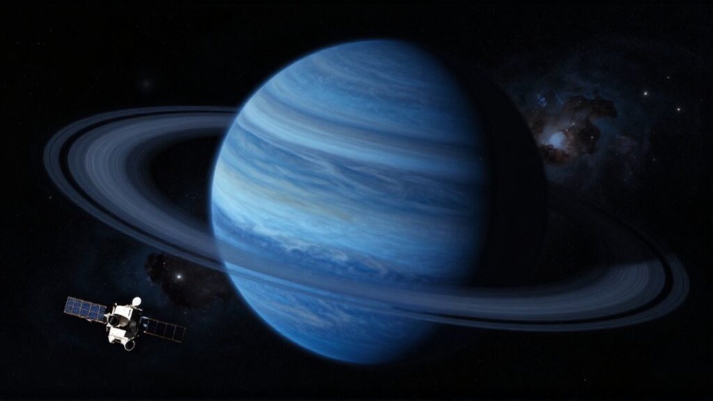 Un pequeño satélite científico flota frente al inmenso y azul gigante gaseoso Neptuno en el espacio profundo.