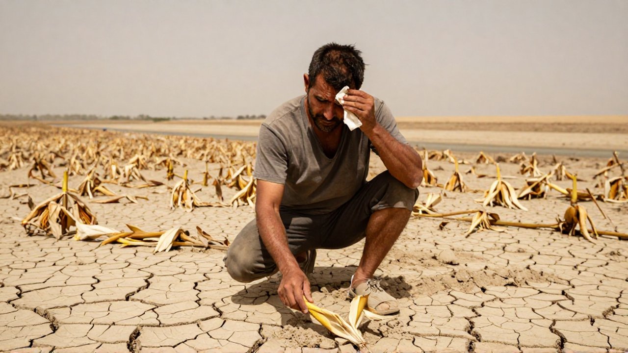 Un agricultor cansado toca una planta marchita en un campo agrietado por la sequía.
