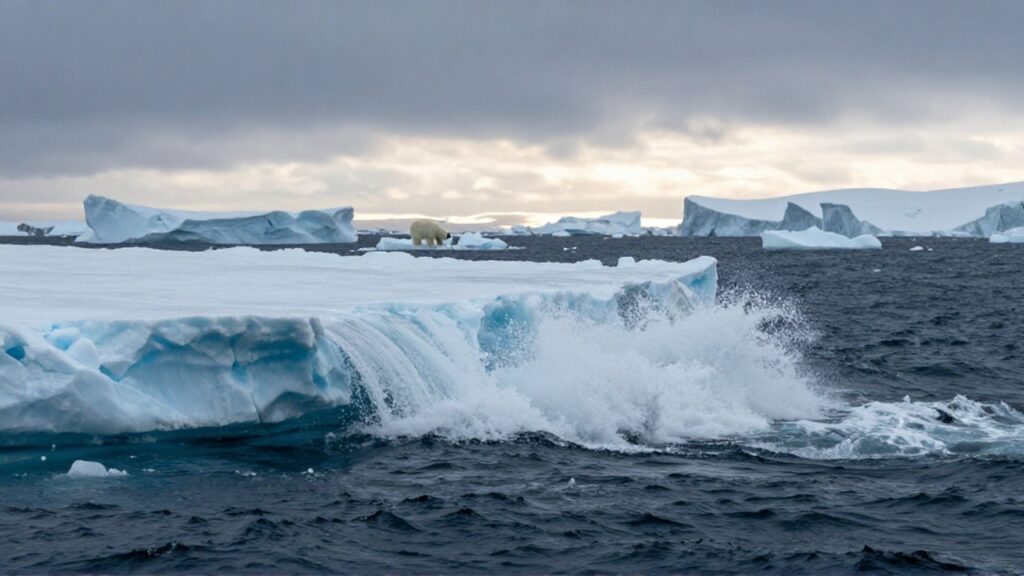 Un enorme bloque de hielo se desprende de un glaciar hacia un océano turbulento con un oso polar solitario al fondo.