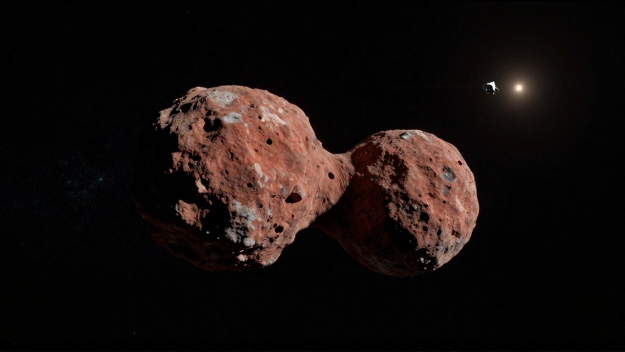 La sonda New Horizons sobrevuela el objeto Arrokoth, un cuerpo rojizo de dos lóbulos en el espacio profundo.