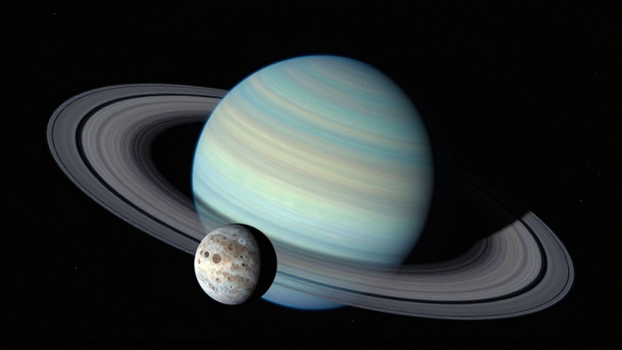 El planeta Urano con sus anillos y una luna texturizada sobre el fondo estelar.