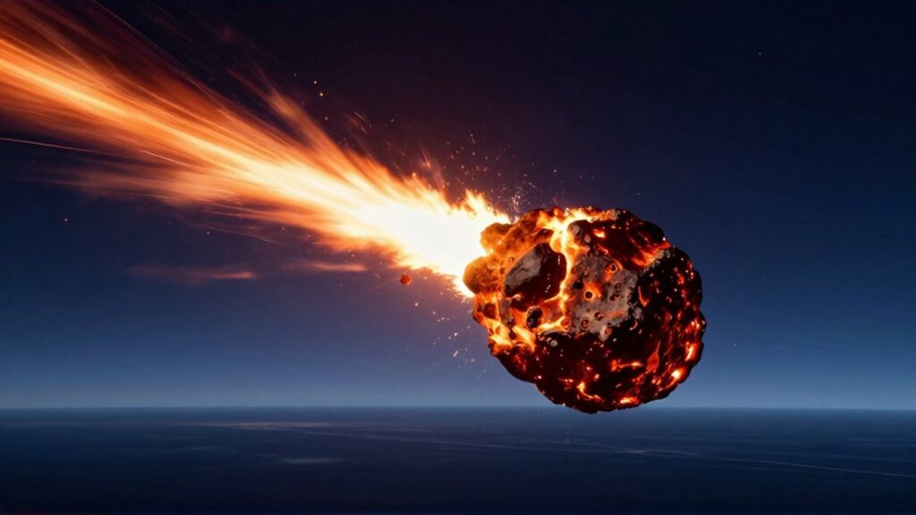 Un enorme asteroide envuelto en llamas atraviesa el cielo nocturno sobre un océano oscuro.