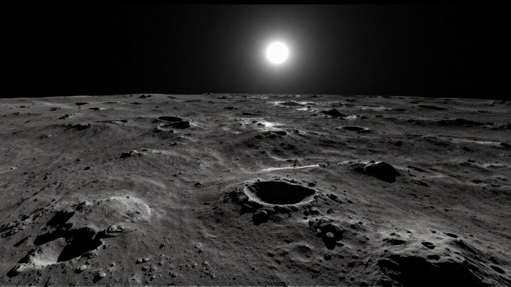 Superficie gris y cratereada de Mercurio con el sol brillante al fondo sobre el espacio negro.