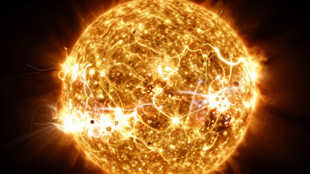Visualización científica de un núcleo solar con plasma turbulento y destellos de fusión nuclear.