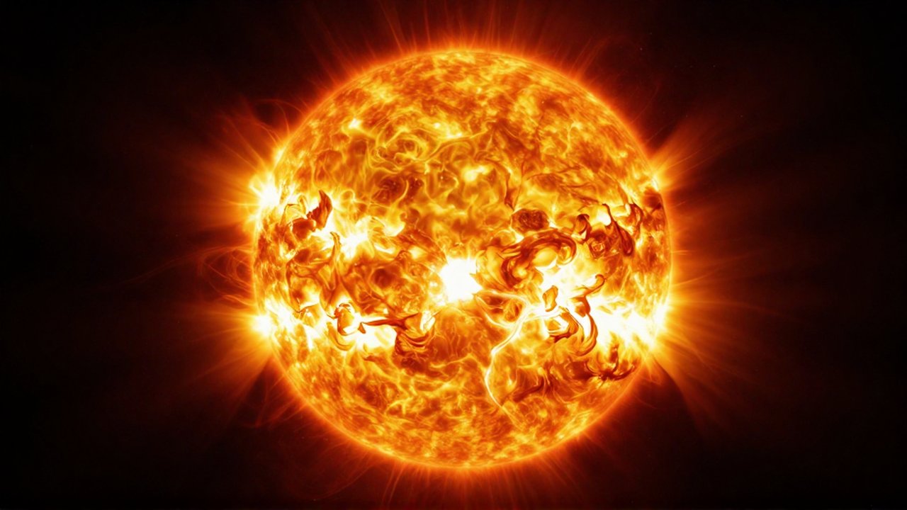 Corte transversal detallado que muestra el núcleo brillante y las capas de plasma turbulento del Sol.