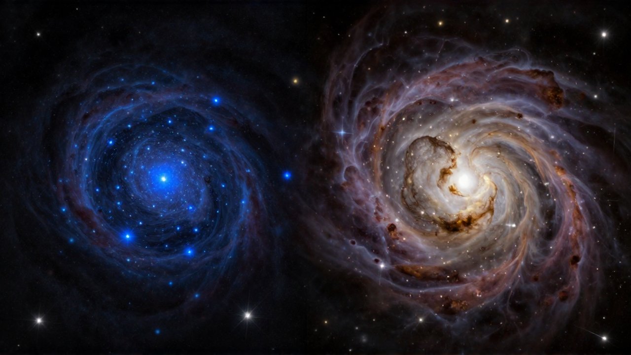 Comparación de un cúmulo abierto de estrellas azules dispersas frente a un cúmulo globular denso de estrellas amarillas.
