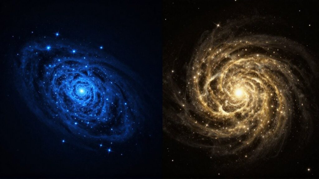 Comparación visual de un cúmulo estelar abierto disperso y azul junto a un cúmulo globular denso y dorado.