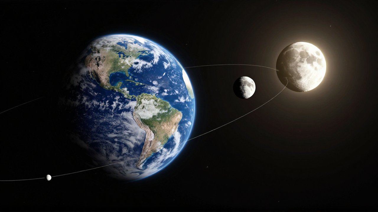 Diagrama científico en 3D de la Tierra y la Luna orbitando el Sol en el espacio.