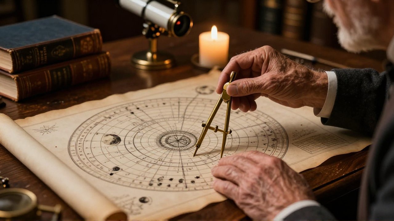 Un astrónomo con manos curtidas mide ángulos en un mapa astronómico antiguo usando un compás de latón.