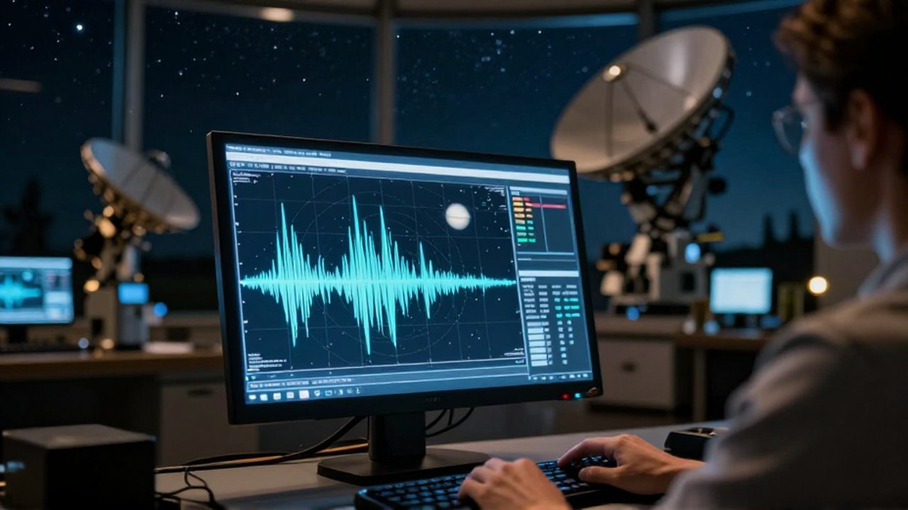 Un astrónomo ajusta una interfaz de control frente a un monitor con datos espectrales y una simulación estelar.