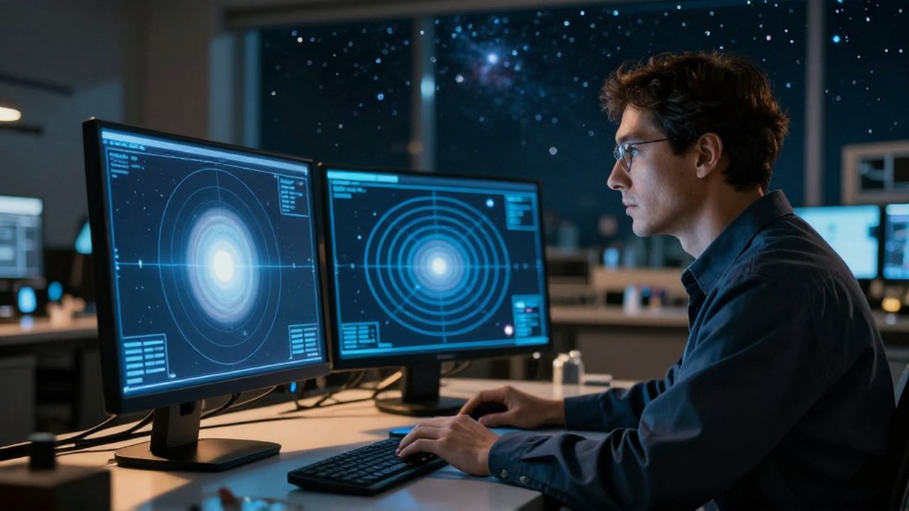 Astrofísico examinando proyecciones holográficas de un sistema planetario en un centro de investigación moderno.