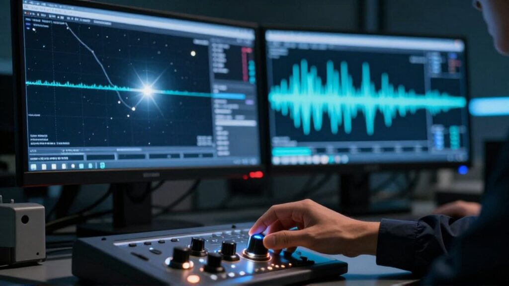 Mano de un astrónomo ajustando una consola frente a monitores con gráficos de datos estelares.