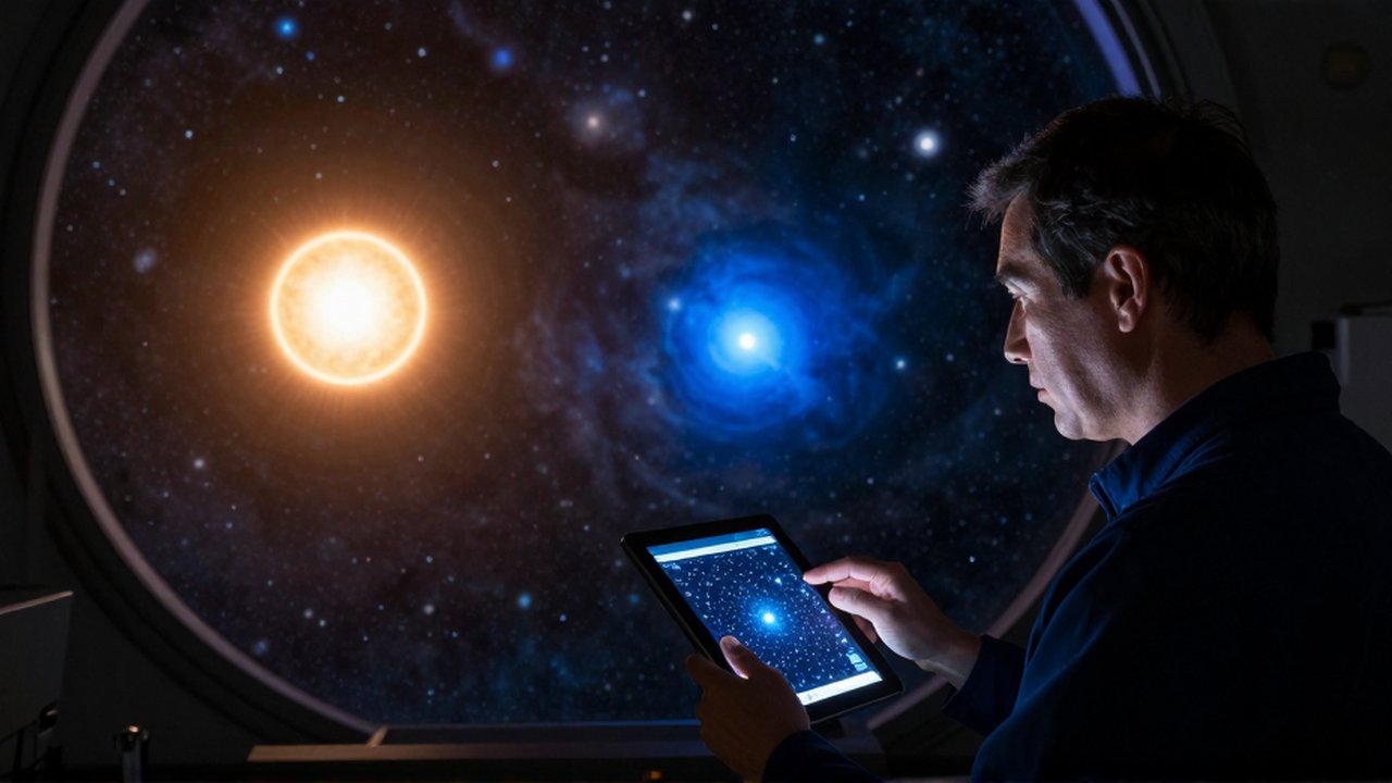 Astrónomo analizando la diferencia de tamaño entre dos estrellas mediante una tableta en un observatorio.