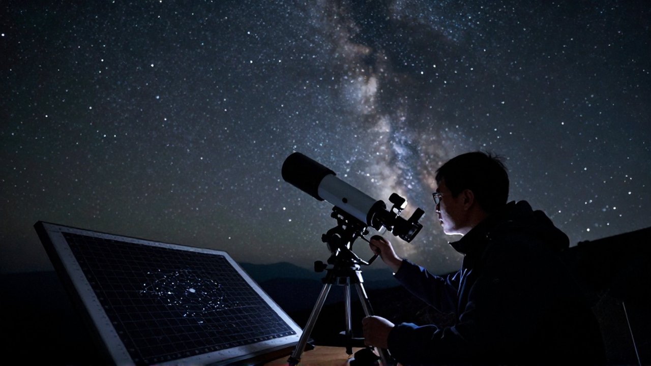 Astrónomo trabajando con un telescopio de alta tecnología frente a un cielo nocturno estrellado.