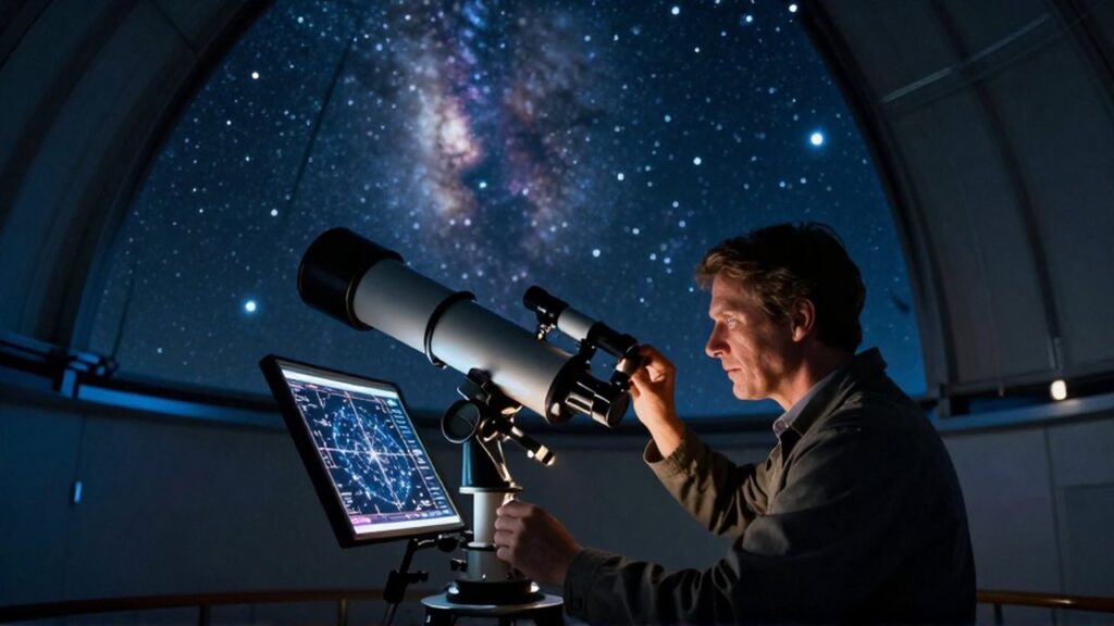 Un astrónomo ajusta un telescopio moderno en un observatorio mientras observa un mapa estelar iluminado.