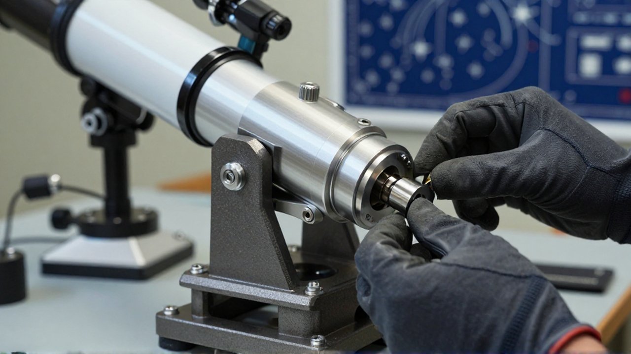 Manos con guantes técnicos ensamblan con precisión un componente de aluminio sobre una base de acero.