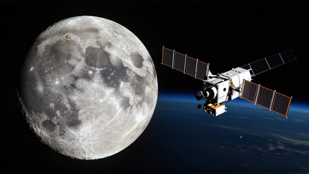 Composición de pantalla dividida que contrasta la superficie lunar rugosa con un satélite tecnológico detallado en el espacio.