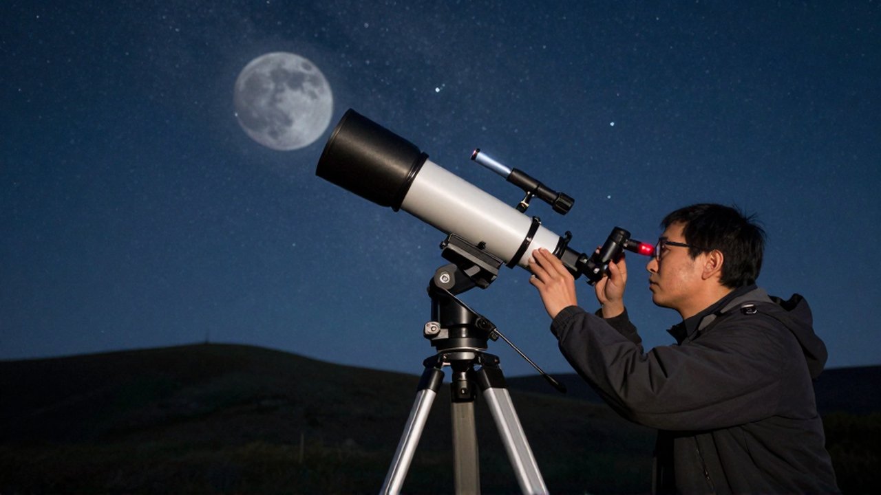 Un astrónomo ajusta un telescopio sobre un trípode bajo un cielo estrellado en la noche.