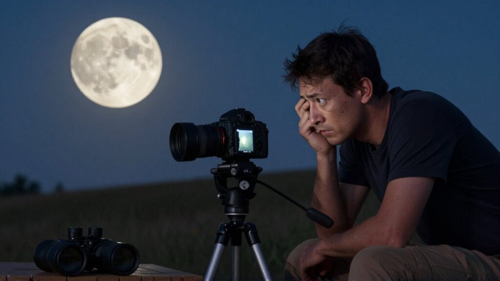 Un astrofotógrafo frustrado observa una imagen borrosa en su cámara bajo una luna llena brillante.