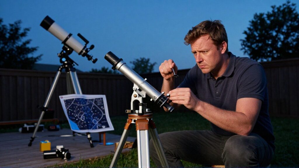 Un astrónomo frustrado intenta nivelar un montaje de telescopio sobre un trípode en un jardín al atardecer.