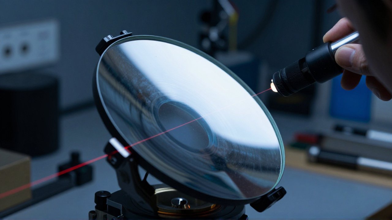 Un astrónomo inspecciona la curvatura de un espejo parabólico con un láser en un taller especializado.
