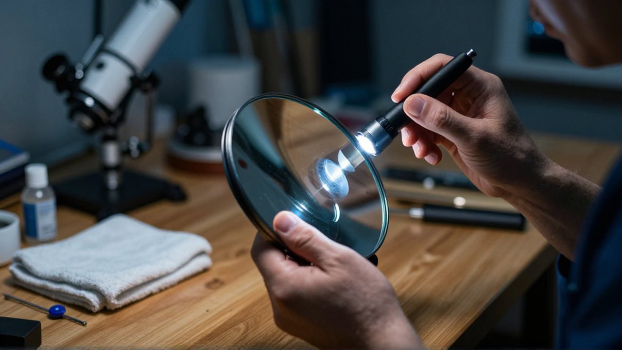 Manos de un astrónomo inspeccionando con una linterna la superficie de un espejo parabólico en un taller.
