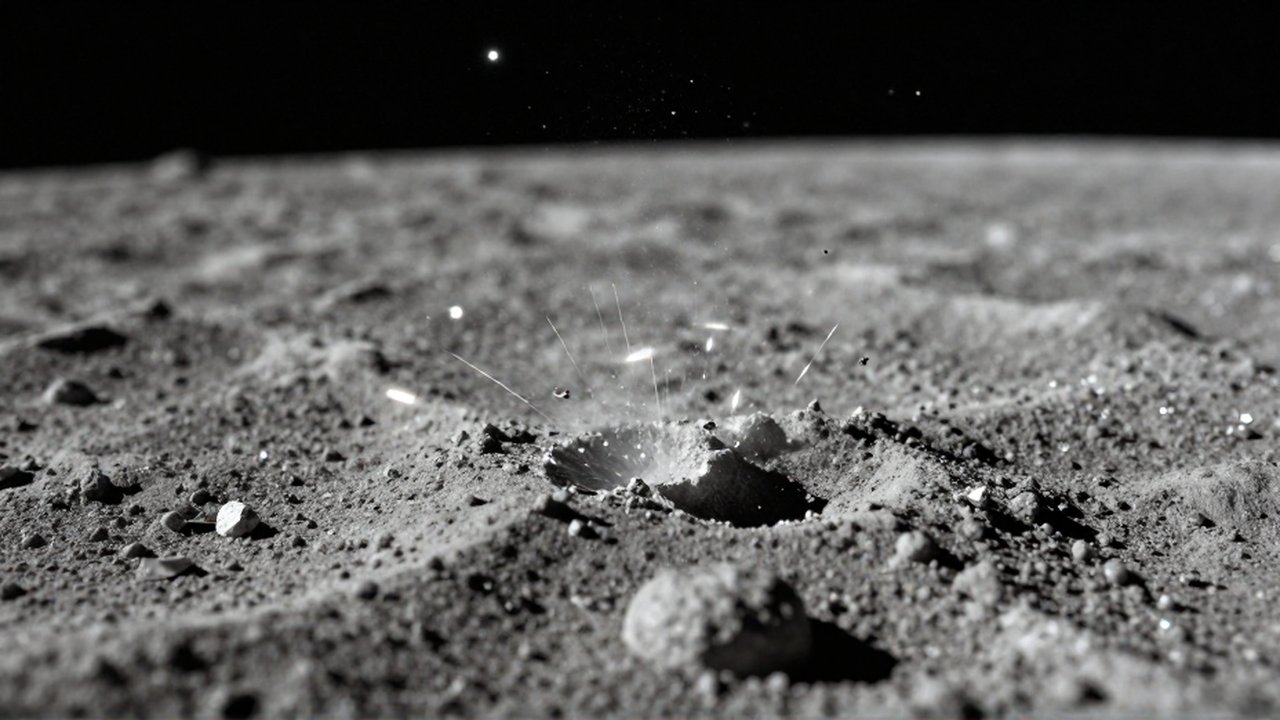Primer plano macro de micrometeoritos impactando el regolito lunar, creando pequeñas explosiones y fragmentos brillantes.