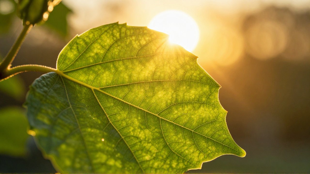 Primer plano de una hoja verde iluminada por el sol con el astro brillante al fondo.