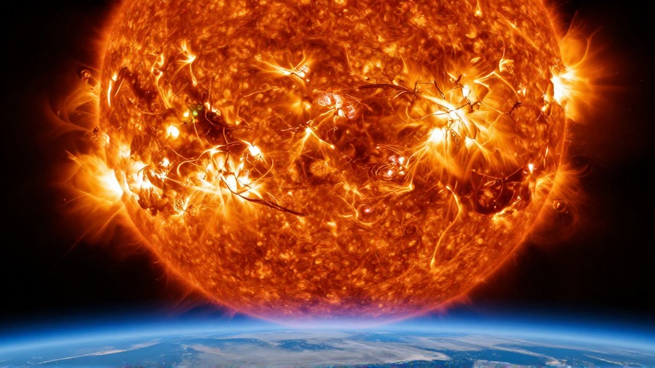 Superficie solar turbulenta con llamaradas de plasma que contrastan con la pequeña atmósfera azul de la Tierra.