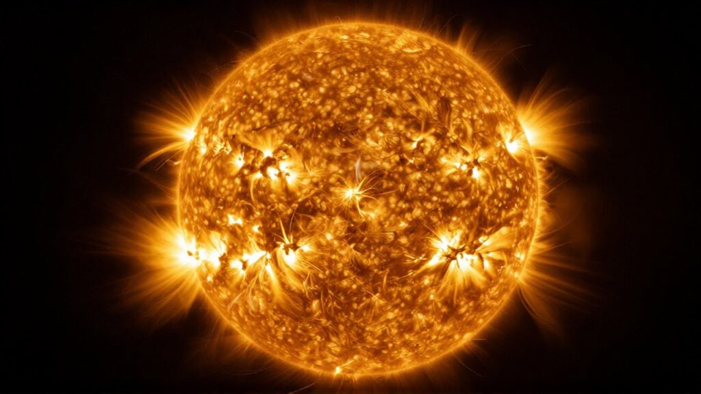 Primer plano de la superficie granular del Sol con un arco de llamarada solar brillante.