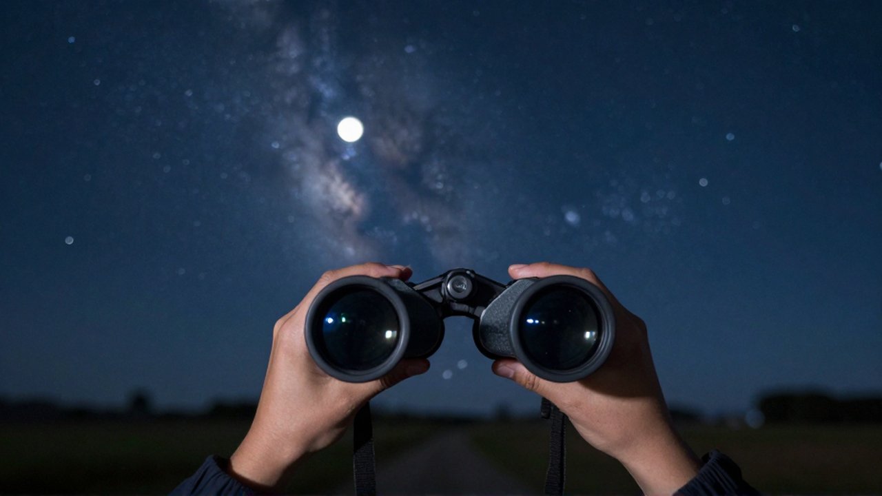 Manos sostienen unos binoculares apuntando hacia un cielo nocturno estrellado con la silueta de la Luna.