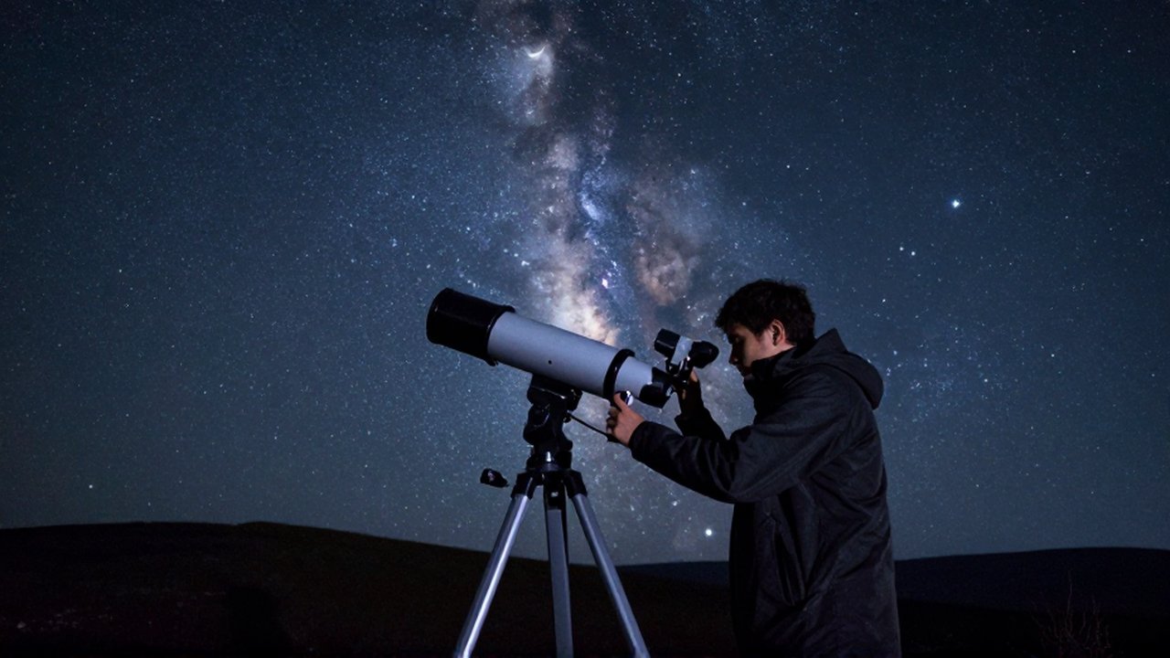Un astrónomo ajusta su telescopio en una colina bajo un cielo estrellado con la Vía Láctea.