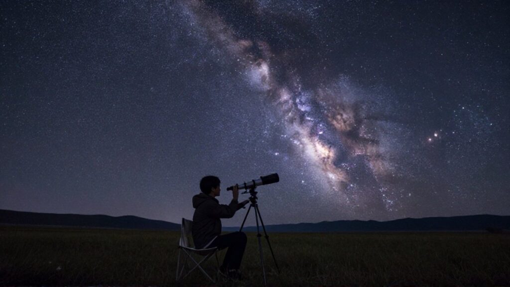 Un astrónomo observa el cielo estrellado y la Vía Láctea desde un prado frente a las montañas.