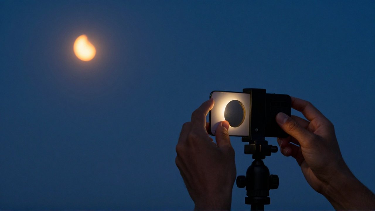 Manos ajustando un smartphone con filtro solar en un trípode bajo un eclipse parcial.