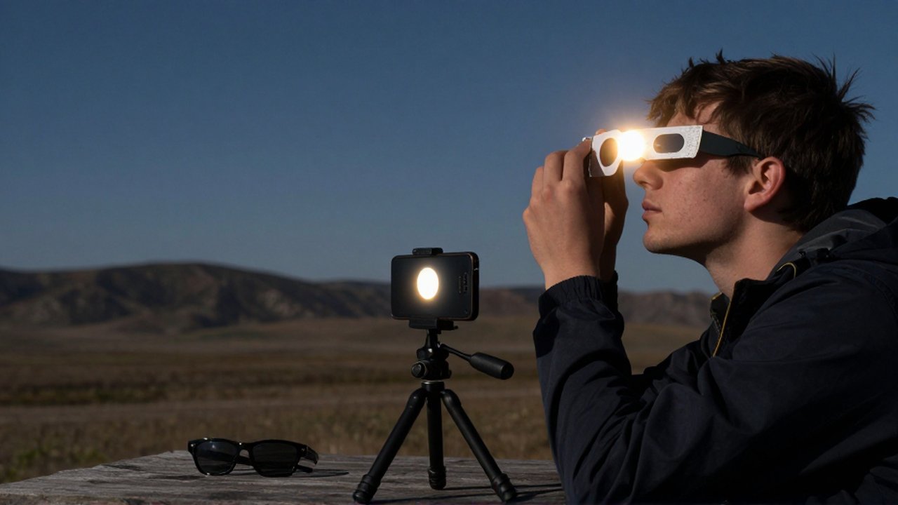 Un fotógrafo aficionado captura un eclipse solar con su smartphone montado en un trípode pequeño.