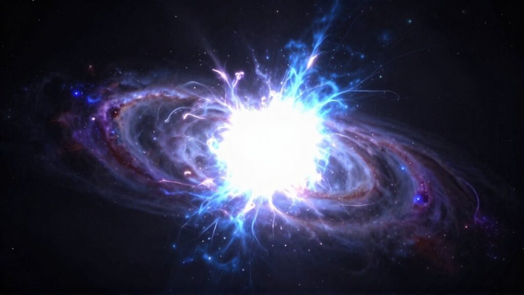 Explosión masiva de una estrella supergigante azul con plasma brillante y ondas de choque en el espacio.