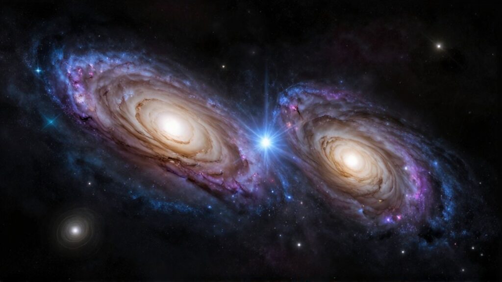 Dos galaxias espirales colisionan entre nubes de gas brillante y cúmulos de estrellas en el espacio profundo.
