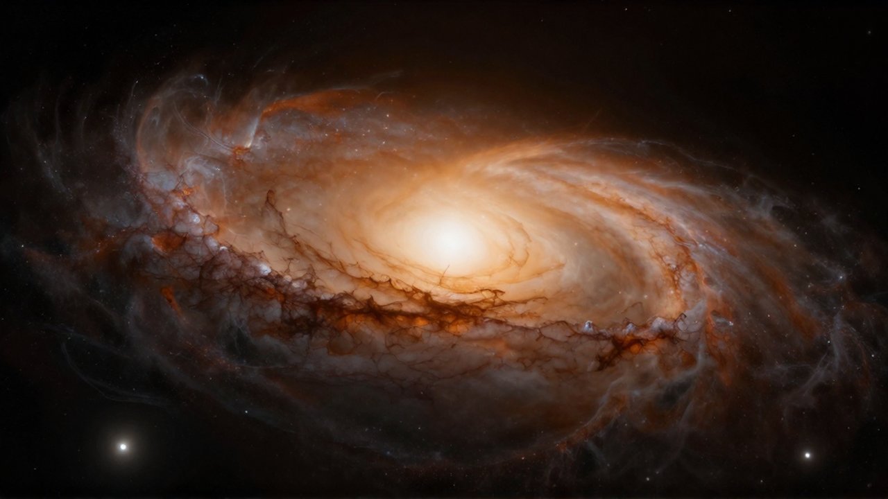 Una vasta galaxia elíptica brilla con tonos ámbar y naranja entre la oscuridad del espacio intergaláctico.