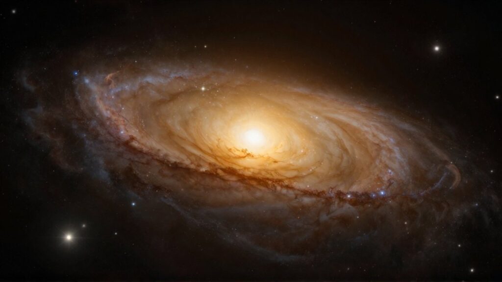 Gran galaxia elíptica de color dorado y ámbar flotando en la oscuridad del espacio profundo.